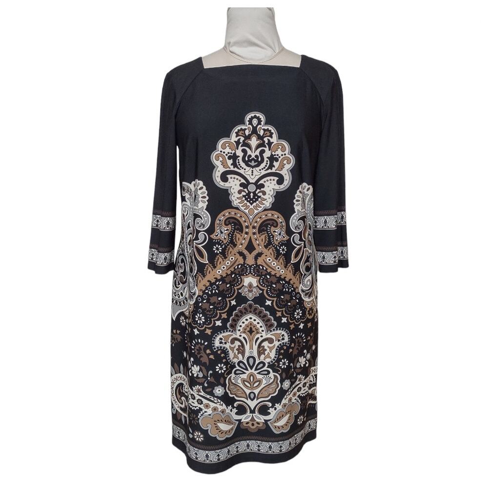 AB STUDIO Black Print Shift Dress Size 10 Stretch Knit Dress 3/4 Length Sleeves